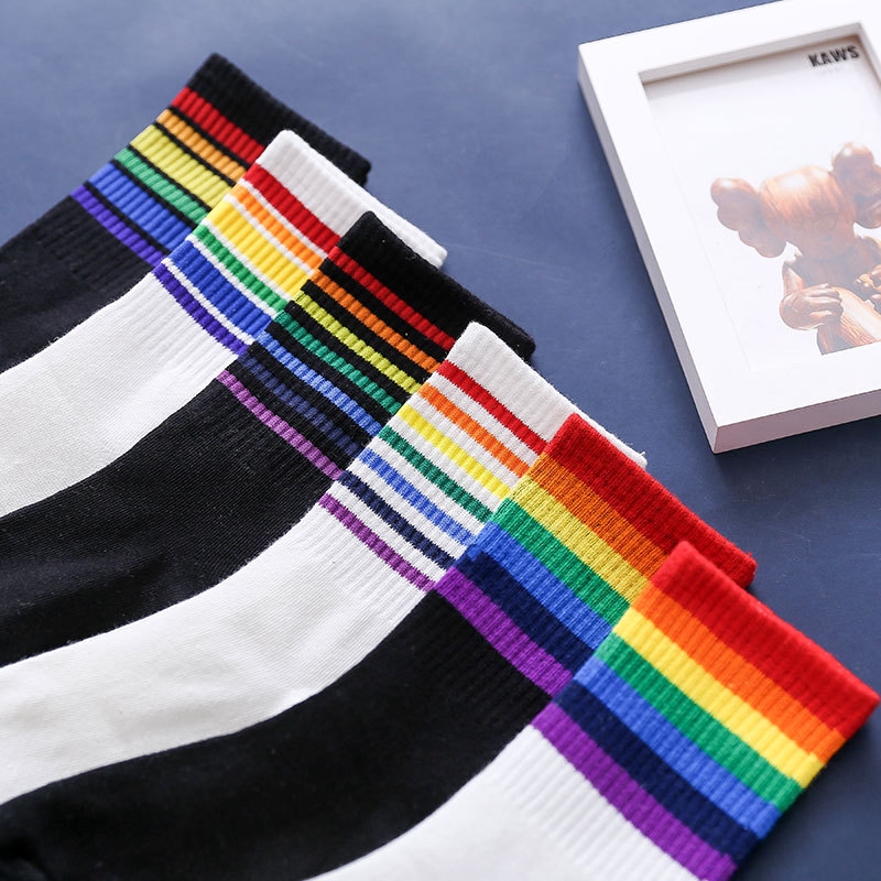 Rainbow Striped Girls' Crew Socks Korean Style Autumn Cotton Sweet Colorful High Quality Women Novelty Casual Black Ankle Socks