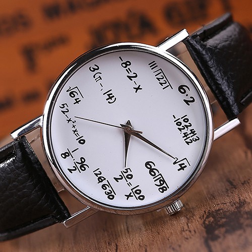 Đồng hồ nam/nữ dây giả da thiết kế dùng các công thức toán học thay cho con số giờ