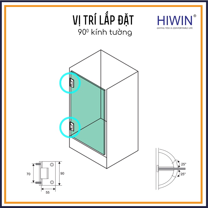 Bản lề phòng tắm kính 90 độ kính tường đế cân cạnh thẳng chất liệu inox 304 mặt gương HIWIN HG-009 (dày 5mm)