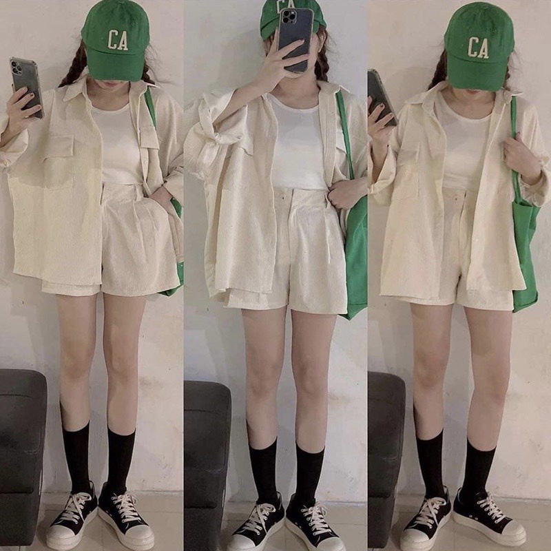 Set áo sơ mi nhung tăm kèm quần short cạp cao S20093