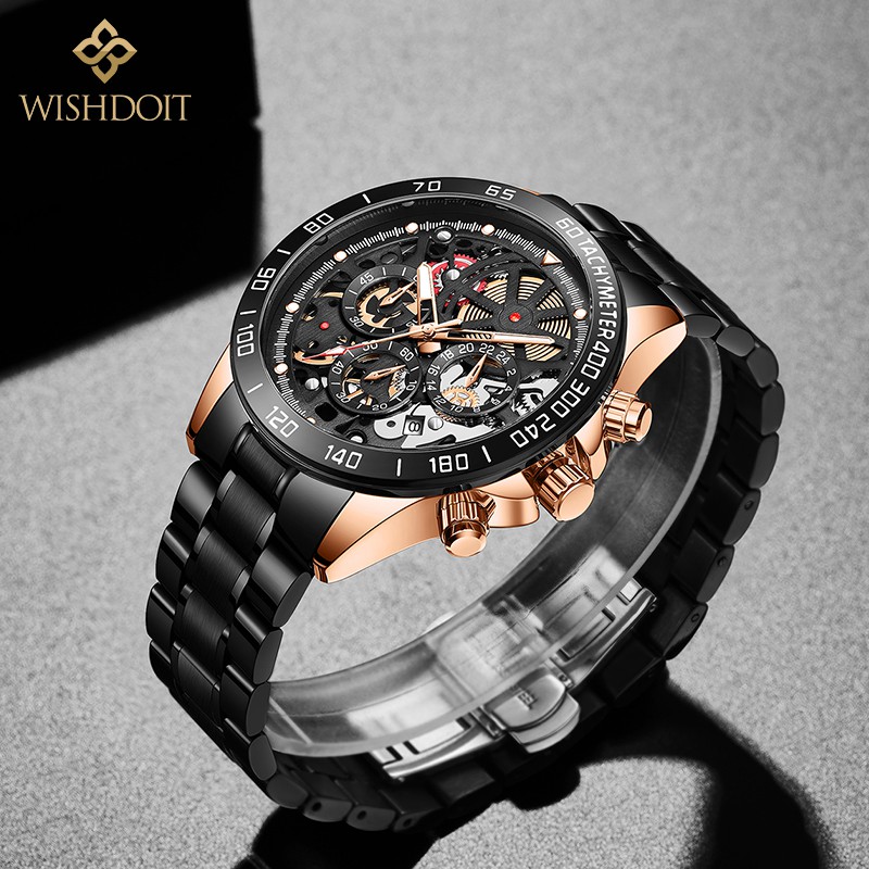 Đồng Hồ Đeo Tay WISHDOIT Máy Thạch Anh Chống Nước Dây Thép Không Gỉ Màu Đen Phong Cách Thể Thao Sang Trọng Cho Nam | BigBuy360 - bigbuy360.vn