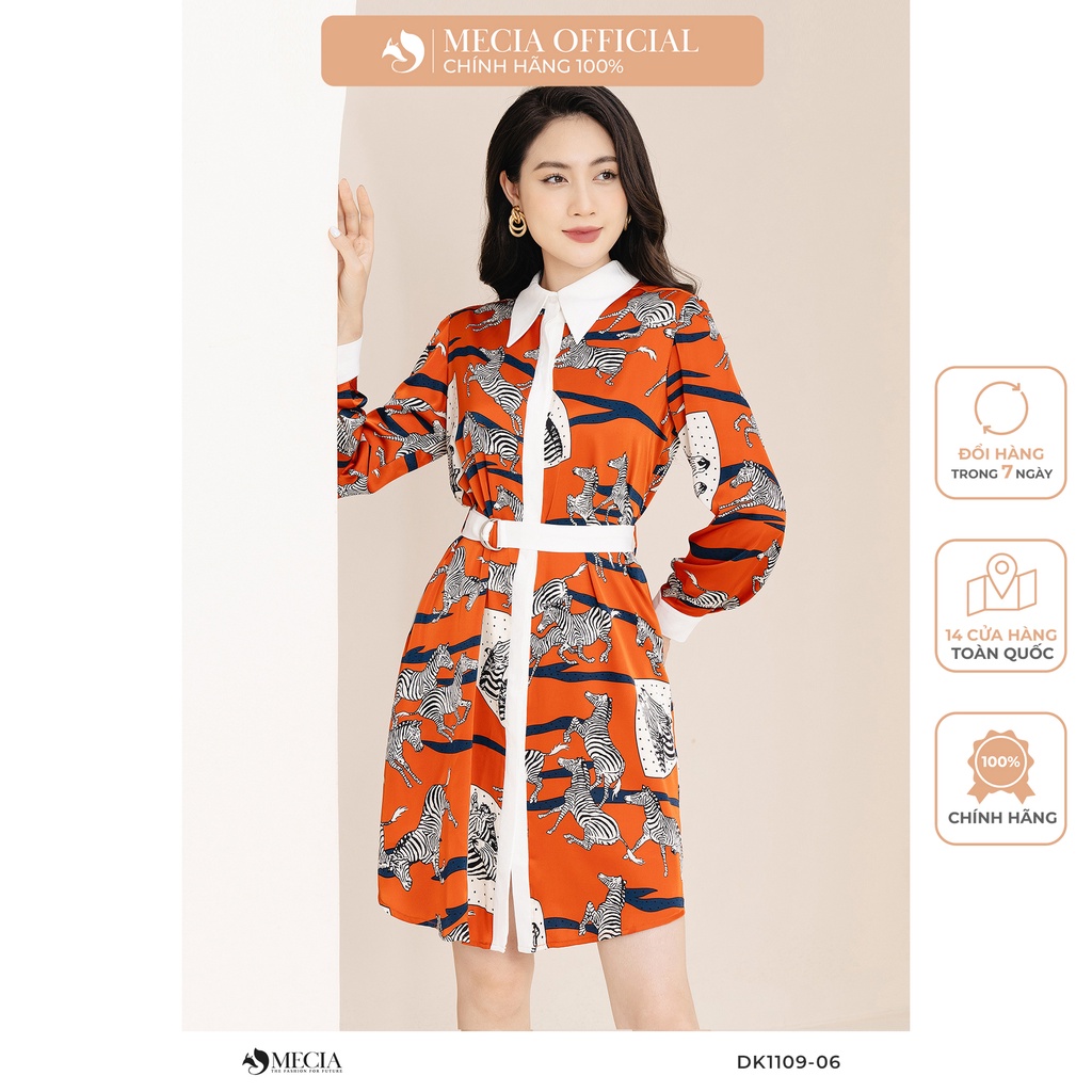 Sơ mi dáng dài công sở MECIA họa tiết zebra viền trắng kèm đai DK1109