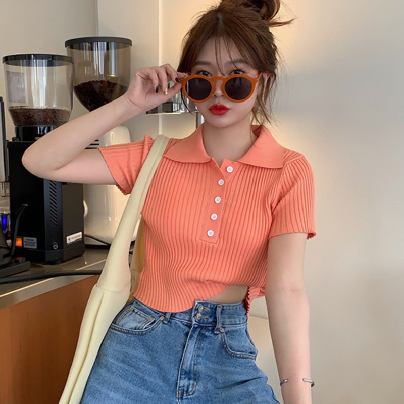 Áo Thun Dệt Kim Ngắn Tay Cổ Bẻ Màu Trơn Thời Trang Cho Nữ