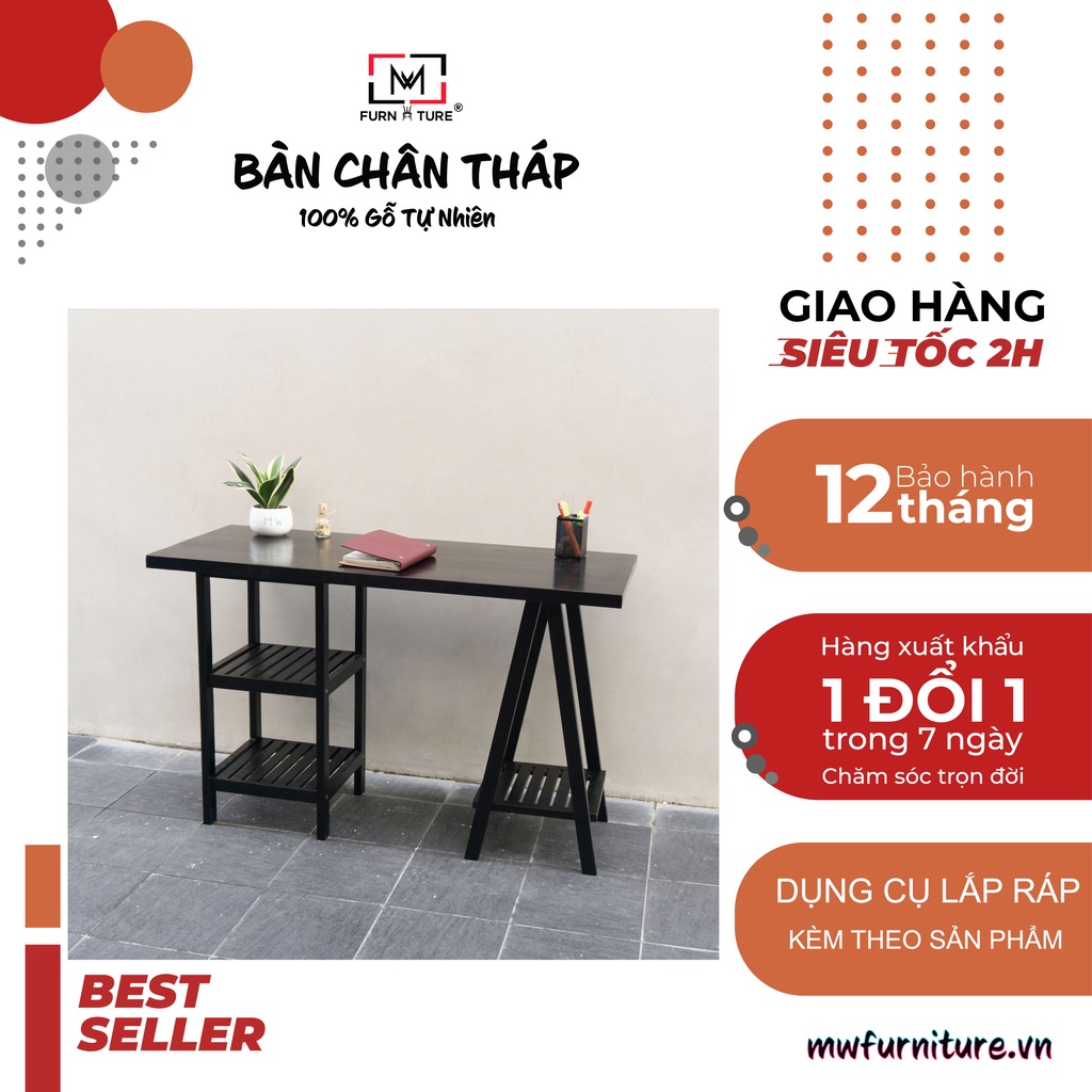 Bàn làm việc lắp ráp gỗ thông tự nhiên 100% thương hiệu MW FURNITURE size 50x120x75 cm màu đen