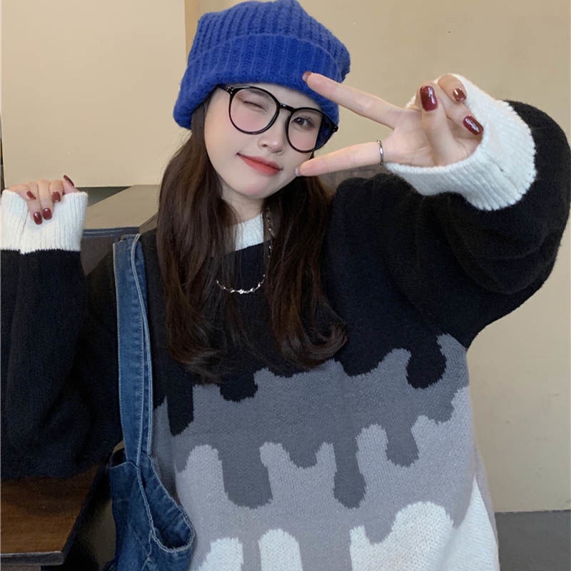 Áo Sweater Dệt Kim Dáng Rộng Cổ Tròn Phối Màu Hàng Mới Cho Nữ