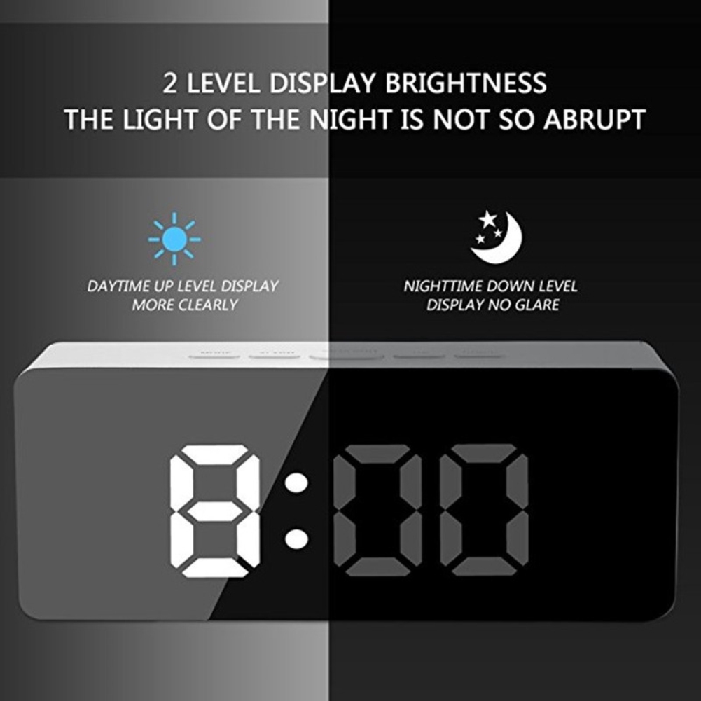 Đồng hồ báo thức tráng gương có đèn led ban đêm và nhiệt kế