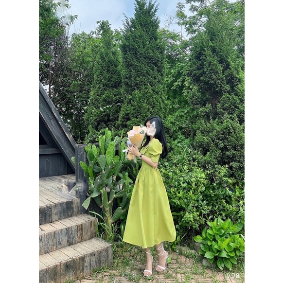 Đầm cổ vuông nơ vai tiểu thư, đáng iu Green Dress