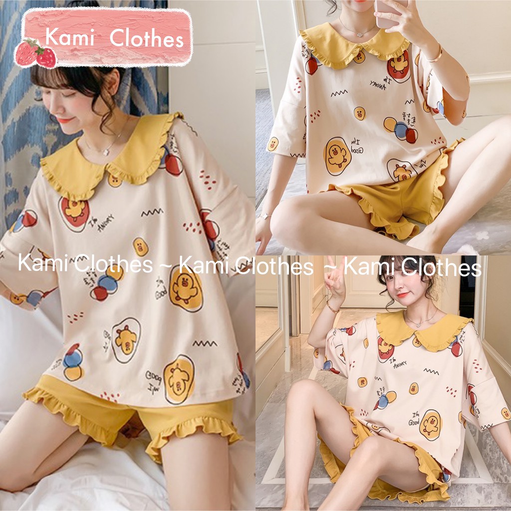 Video/ảnh thật - Bộ đồ ngủ nữ ngắn tay cổ bèo Hàn Quốc, Đồ bộ nữ cộc tay bộ mặc nhà dễ thương - KAMI Clothes