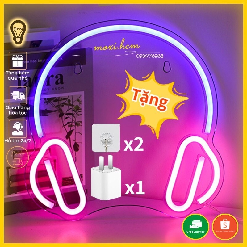 [SIZE LỚN USB -TẶNG Kèm  Miếng dàn tường] Đèn LED chữ NEON HÌNH TAI NGHE DECOR , trang trí phòng ngủ MOXI.