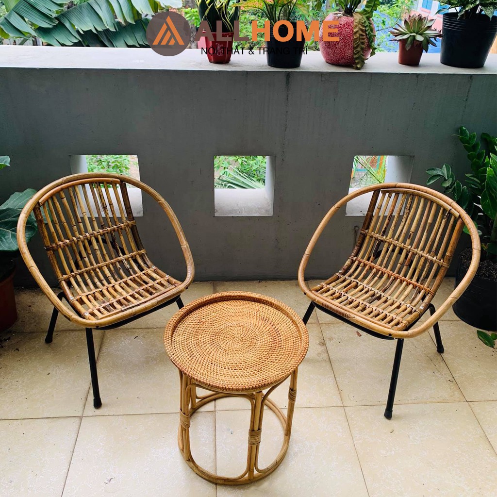 Ghế Mây Tre Con Sò Chân Sắt ALLHOME Trang Trí Cafe Ban Công Homestay