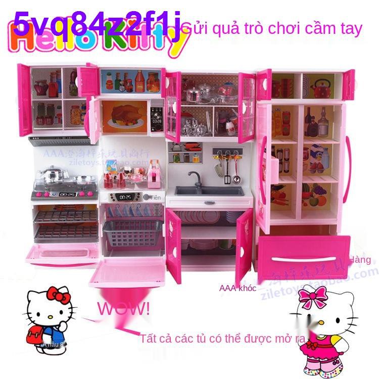 ☑Bộ đồ chơi nhà bếp Hello Kitty Mô phỏng dành cho trẻ em Tủ lạnh nấu ăn mini Lò vi sóng Xiaoling dùng Cô gái