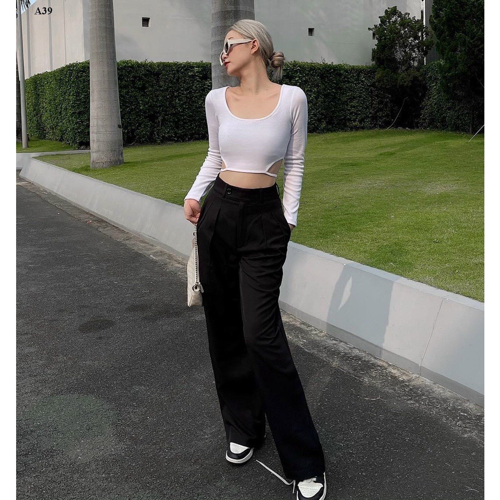 Áo thun croptop tay dài nữ buộc dây eo sexy - áo tay dài cổ vuông có dây buộc phía sau