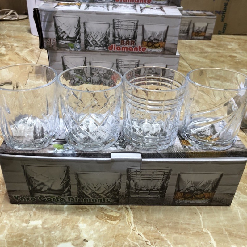 sét 4 ly thuỷ tinh-ly whisky 300ml hoạ tiết xinh