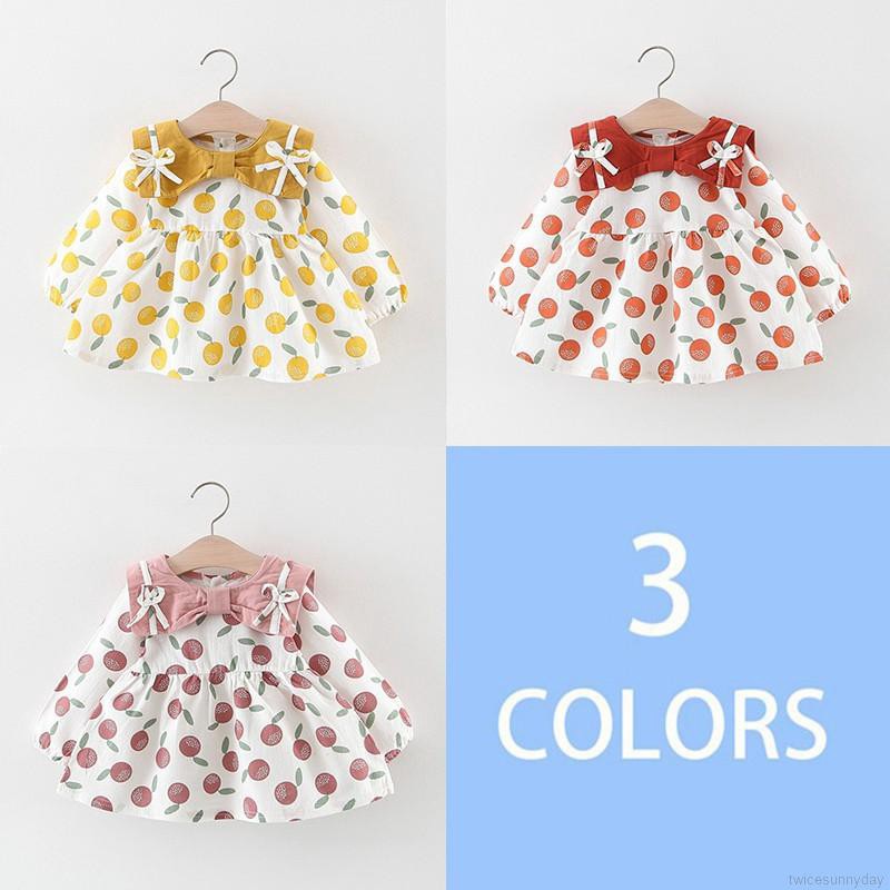 Đầm dài tay in họa tiết trái cây xinh xắn dành cho bé gái