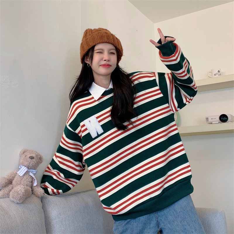 ZHELIHANGFEI Áo Thun POLO Tay Dài Cổ Tròn Họa Tiết Kẻ Sọc Thời Trang Dễ Phối Đồ Cho Nữ