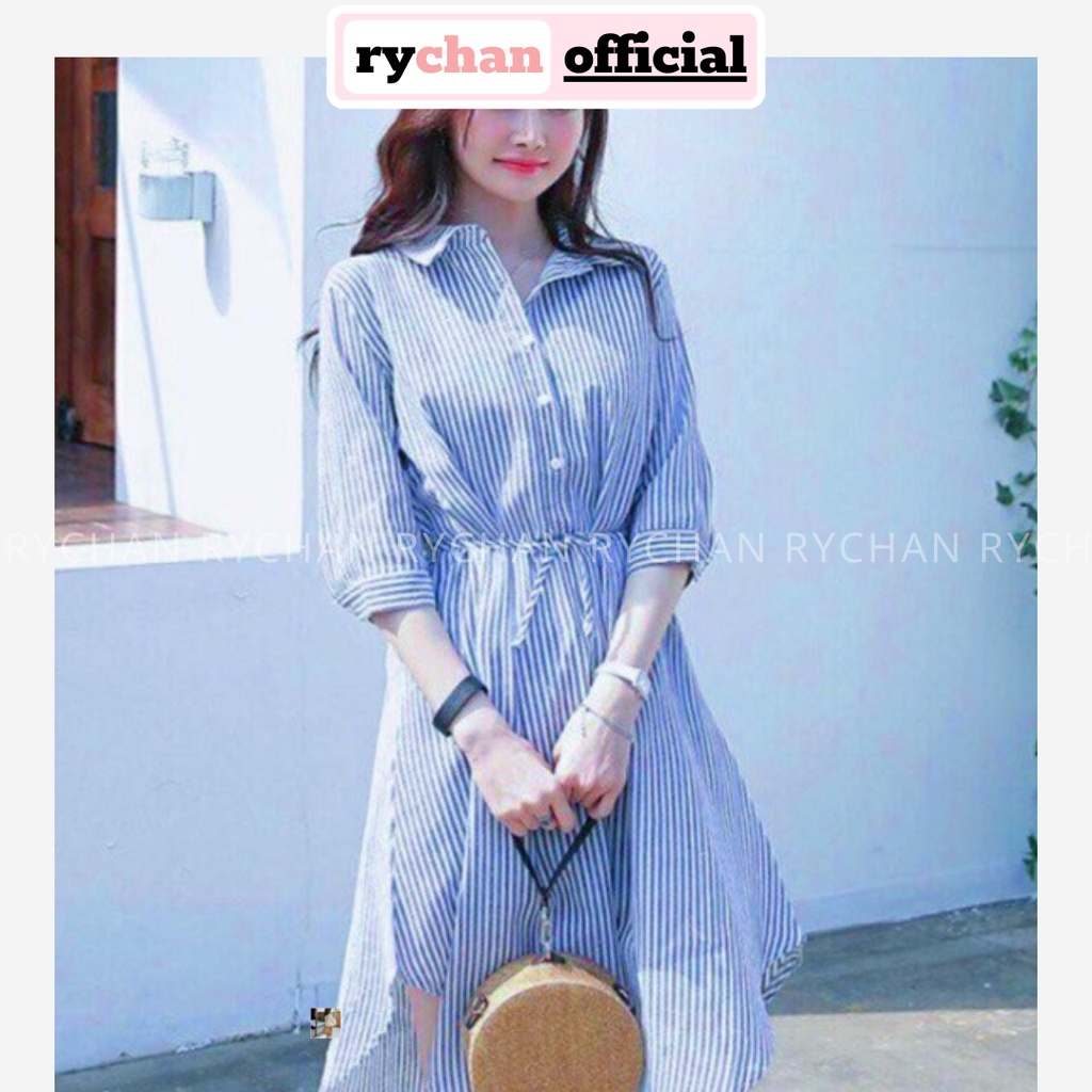 DX649 - Đầm Xòe Sọc Sơ Mi Cột Eo