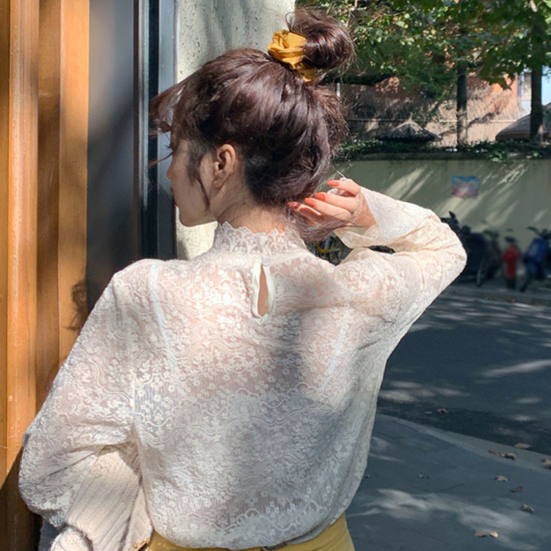 Áo Kiểu Cổ Cao Thêu Hoa Phối Ren Xinh Xắn Cho Nữ Giới | BigBuy360 - bigbuy360.vn