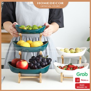 Khay sứ dạng 2 tầng đựng hoa quả cao cấp Kèm theo kệ gỗ