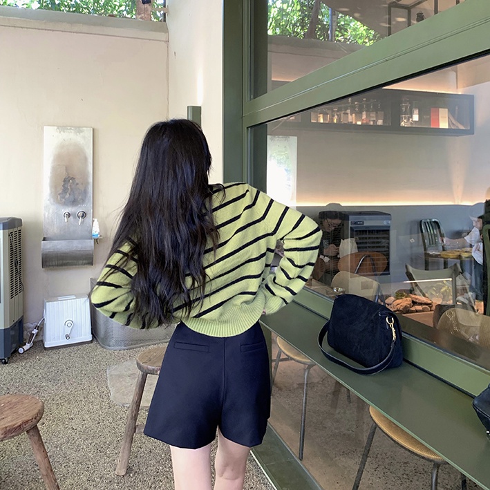 Áo cardigan ZHELIHANGFEI dệt kim tay dài lưng cao kẻ sọc thiết kế quyến rũ cá tính