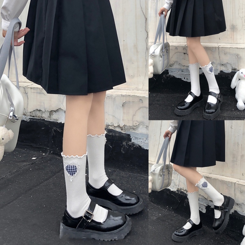 Youyo Vớ Cotton Có Gân Phối Bèo Nhún 3D Họa Tiết Trái Tim Trái Tim Kẻ Sọc Caro Phong Cách Lolita Hàn Quốc Ngọt Ngào Cho Nữ Sinh