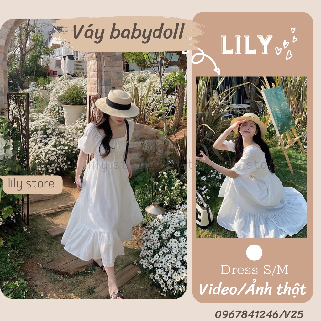Váy nữ, Váy babydoll dáng dài màu trắng tay phồng, Đầm babydoll đi biển dáng dài màu trắng 2 lớp size S,M V25 LILY