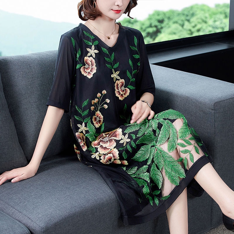 Đầm Tay Lửng Cổ Chữ V Phối Lưới Thêu Họa Tiết Xinh Xắn Thời Trang Mùa Hè 200 Jin Cho Nữ