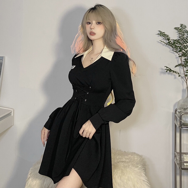 Kliou 2023 Mới vào mùa hè Đầm Chữ A Tay Dài Cổ Chữ V Thắt Dây Eo Thời Trang Dành Cho Nữ