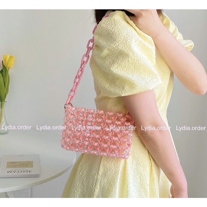 Túi xách hạt acrylic trái tim màu hồng TỰ LÀM