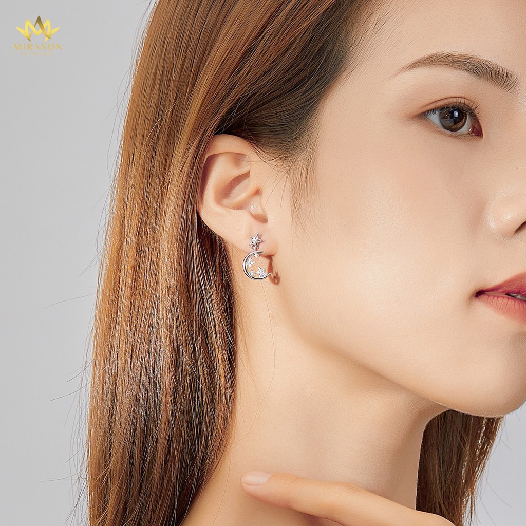 Khuyên Tai Bạc Nữ MIRASON Sao Trăng Nạm Đá Cách Điệu 2 Bên MBT085 - Bông Tai Nữ Bạc 925 Cao Cấp
