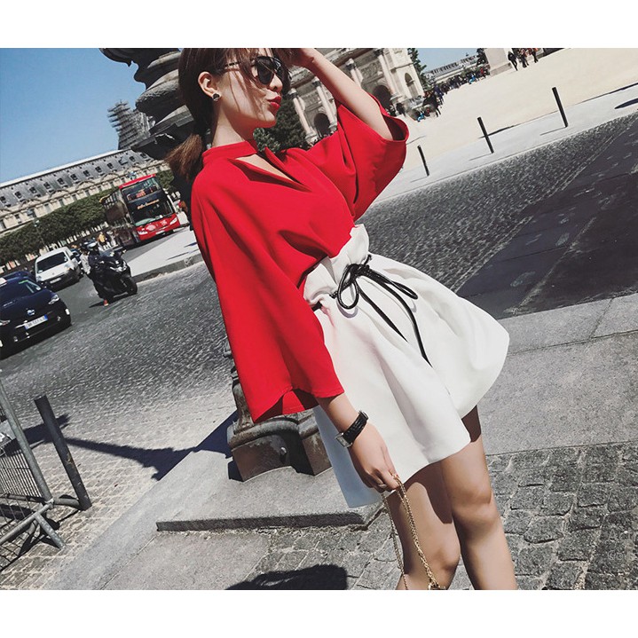 Set sơ mi choker tiểu thư và quần sooc cạp cao sang chảnh