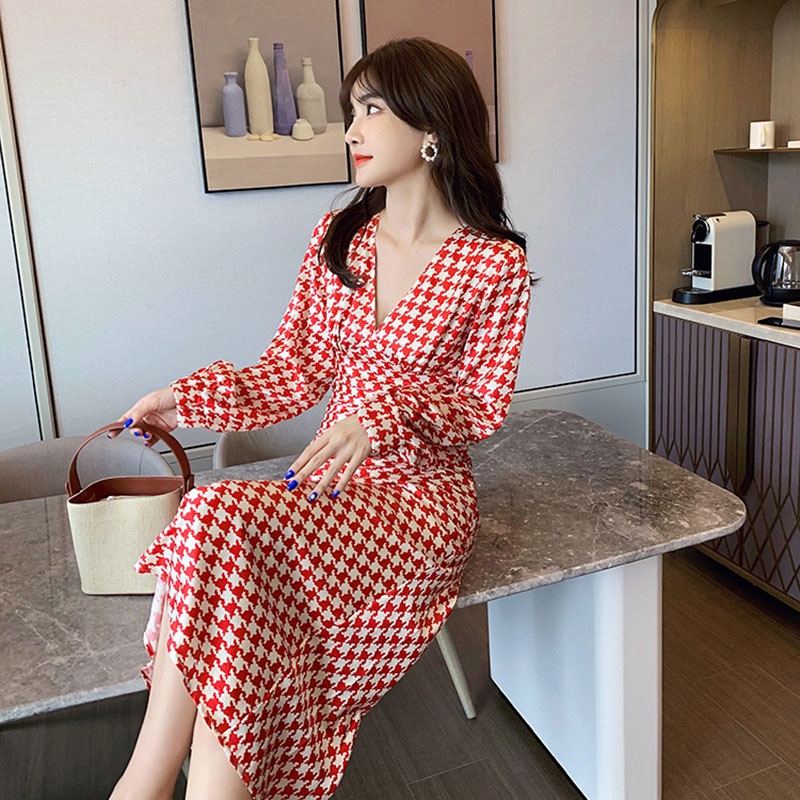 IELGY Đầm Dài Dáng Chữ A Cổ Chữ V Họa Tiết Sọc Caro Phong Cách Cổ Điển Thời Trang Cho Nữ