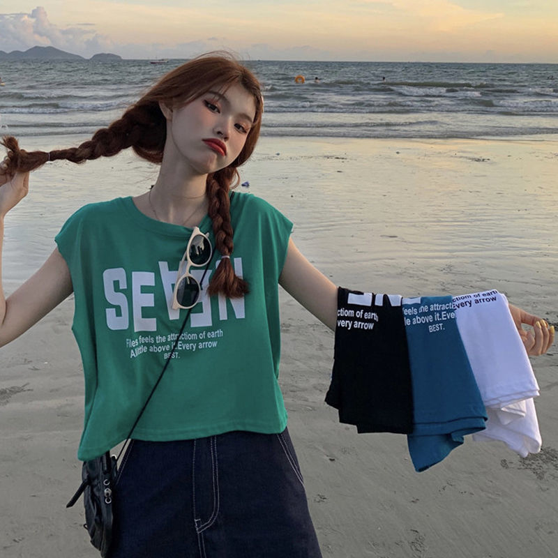 Áo thun sát nách dáng rộng in họa tiết kiểu Hàn Quốc thời trang mùa hè cho nữ