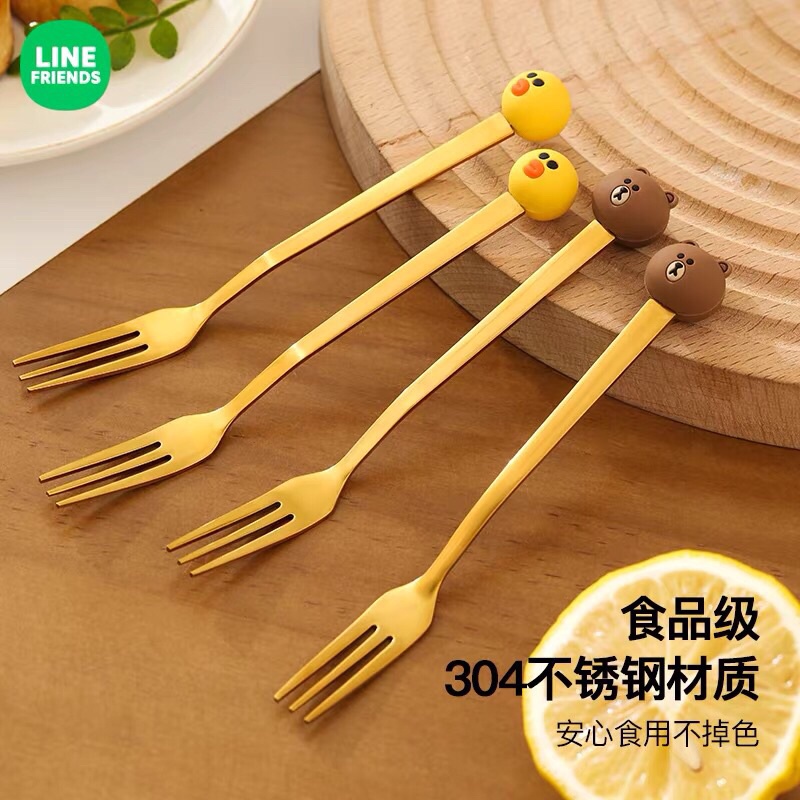 LINE FRIENDS bộ dĩa nĩa xiên trái cây xinh sắn gấu Brown, vịt Sally bằng thép không gỉ 304
