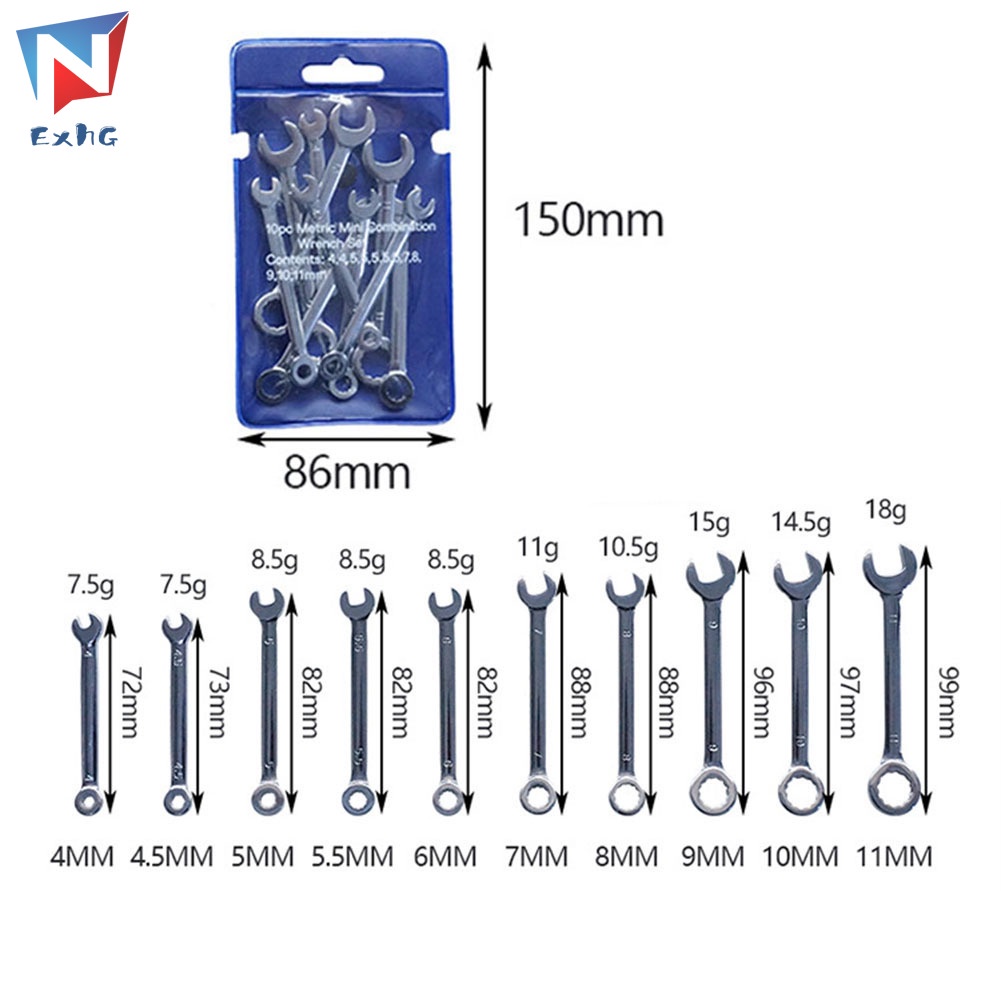 Set 10 Cờ Lê Mini 4-11mm 4-11mm Bằng Thép Chuyên Nghiệp