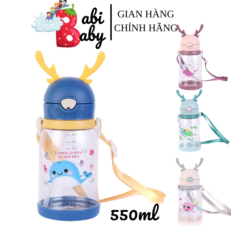 Bình nước học sinh 550ml chịu nhiệt nắp bật có dây đeo tiện dụng an toàn cho bé đi học hình hươu đáng yêu