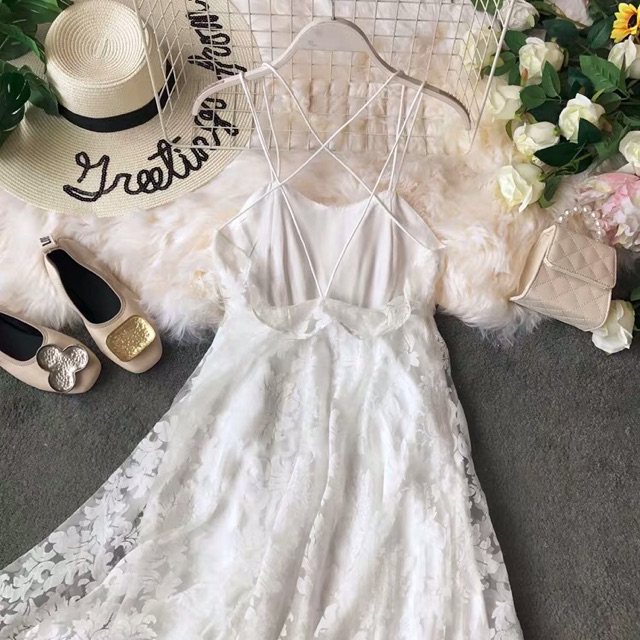 (Order) Đầm maxi ren hoa, 2 dây đan dây hở lưng sexy, bánh bèo hè 2019