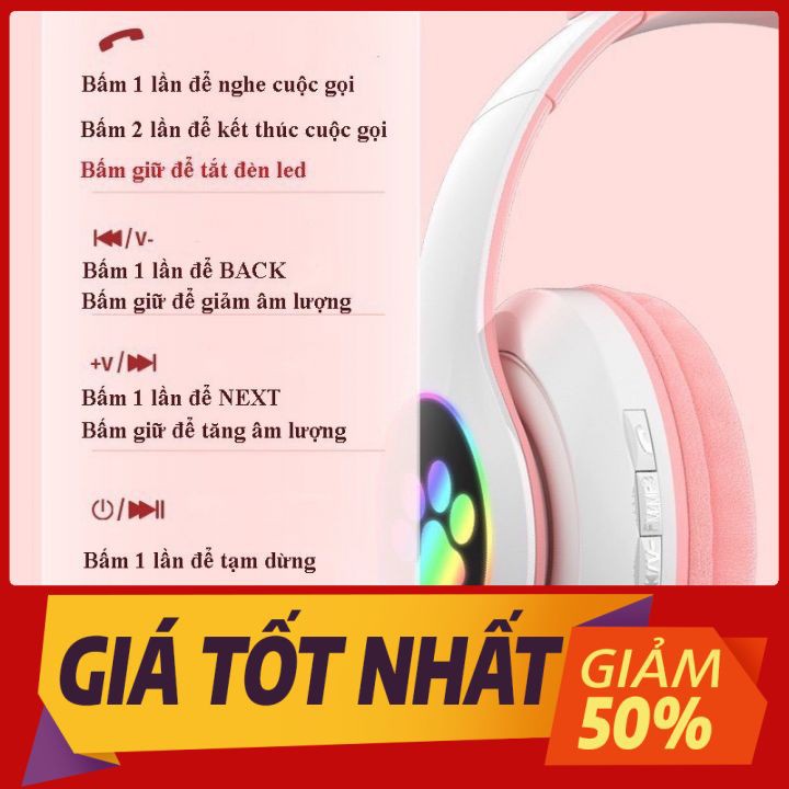 Tai nghe chụp tai Bluetooth mèo cute, headphone chân mèo không dây dễ thương, tai phone gaming có mic, đèn led siêu đẹp