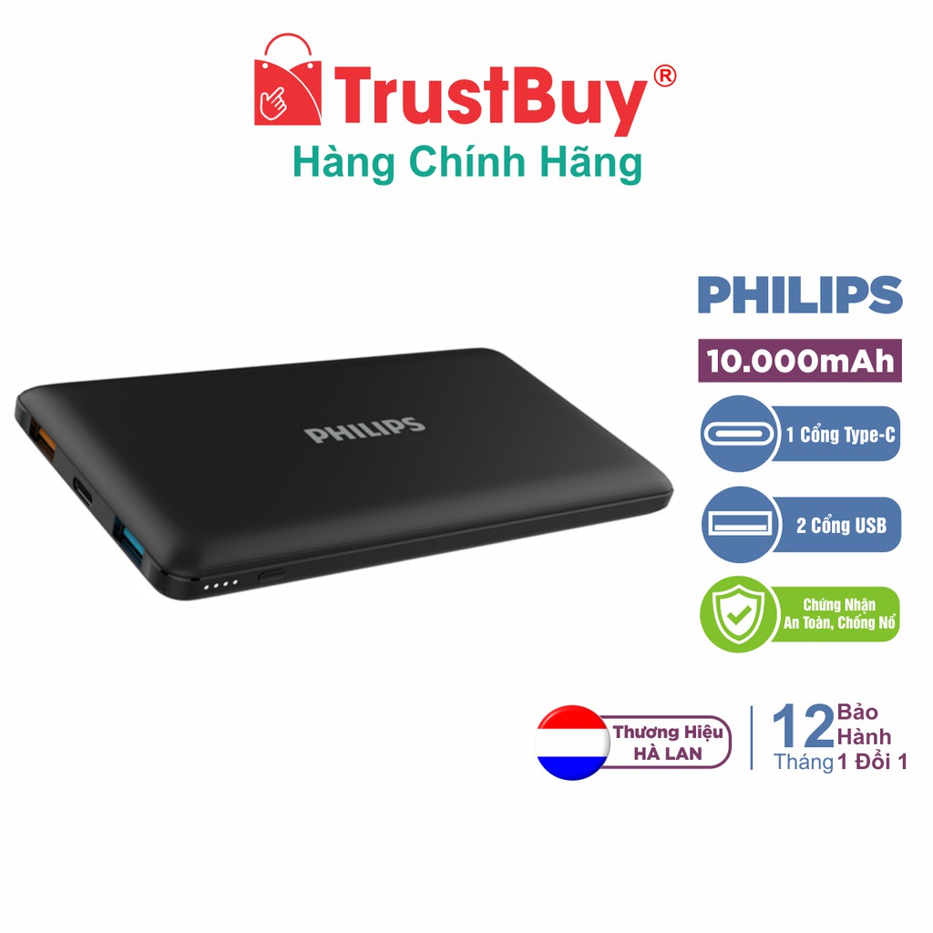 Pin Sạc Dự Phòng 10.000mAh PHILIPS ULTRA FAST 3 Cổng Sạc, Type-C PD 18W, Nhỏ Gọn - Black - DLP8712C-BK - Hàng Ch