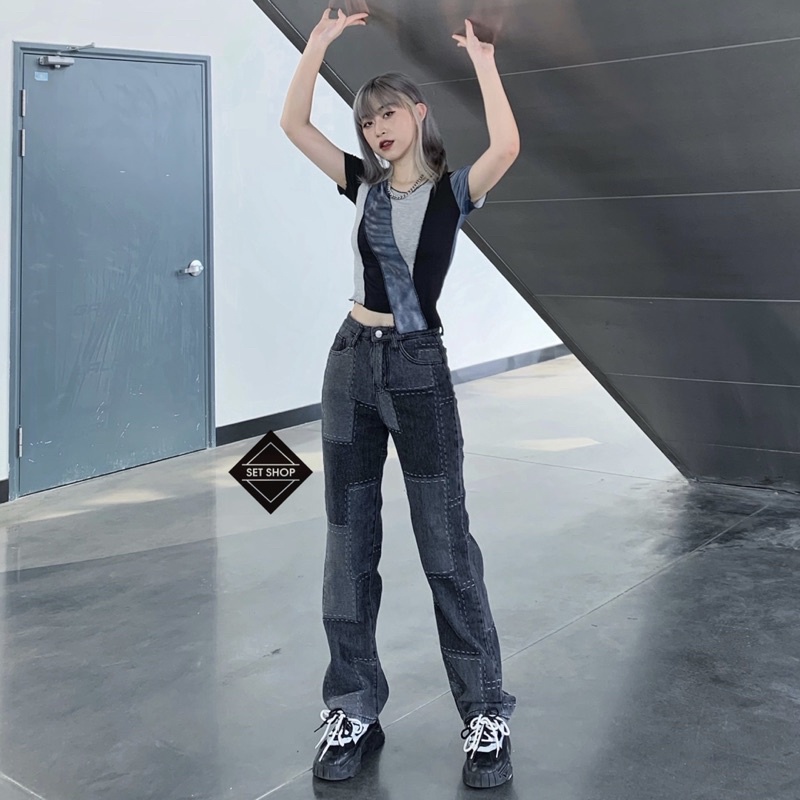 Quần jean kẻ ô phối màu đậm nhạt