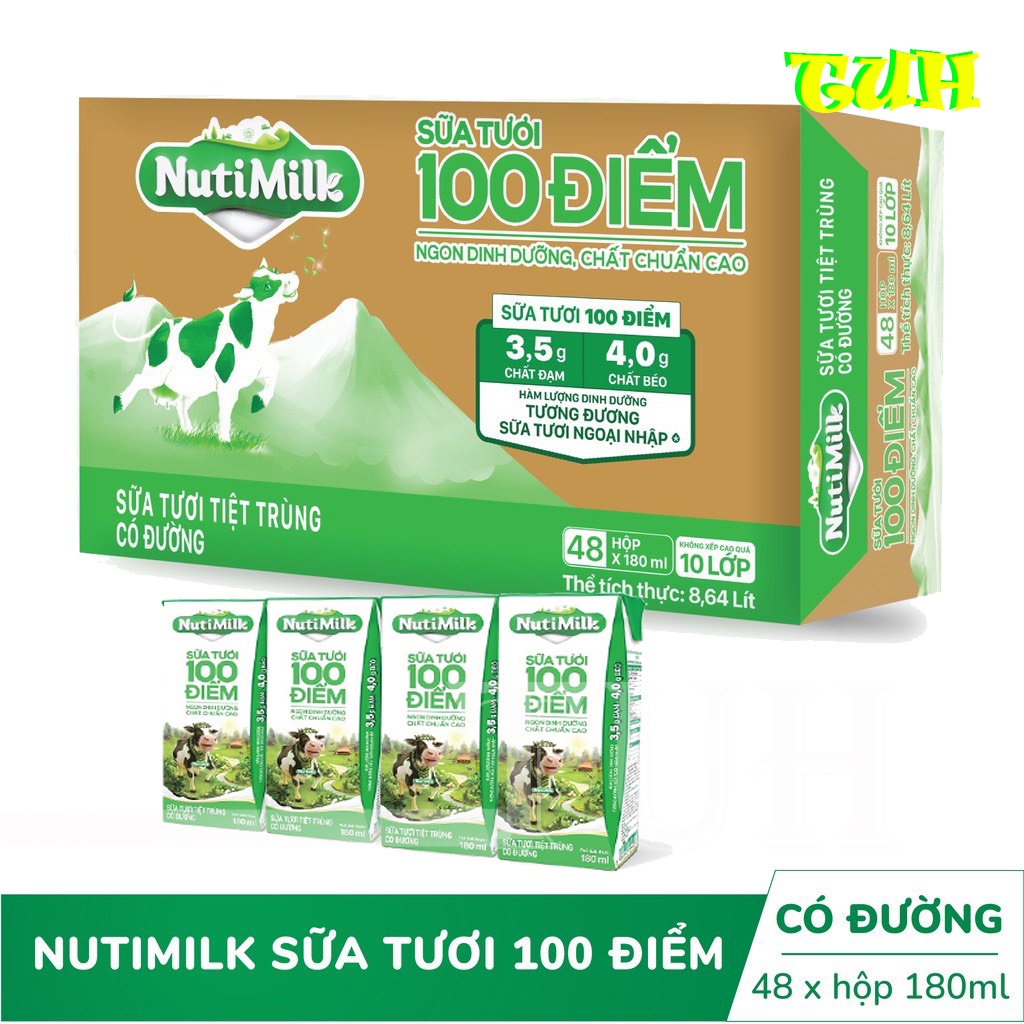 Sữa Tươi Tiệt Trùng 100 Điểm Có Đường Nutimilk 180ml