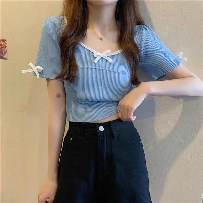 Áo Thun Dệt Kim Tay Ngắn Đính Nơ Xinh Xắn Cho Nữ 164541 Áo Croptop Dáng Ôm Thiết Kế Đơn Giản Hợp Thời Trang