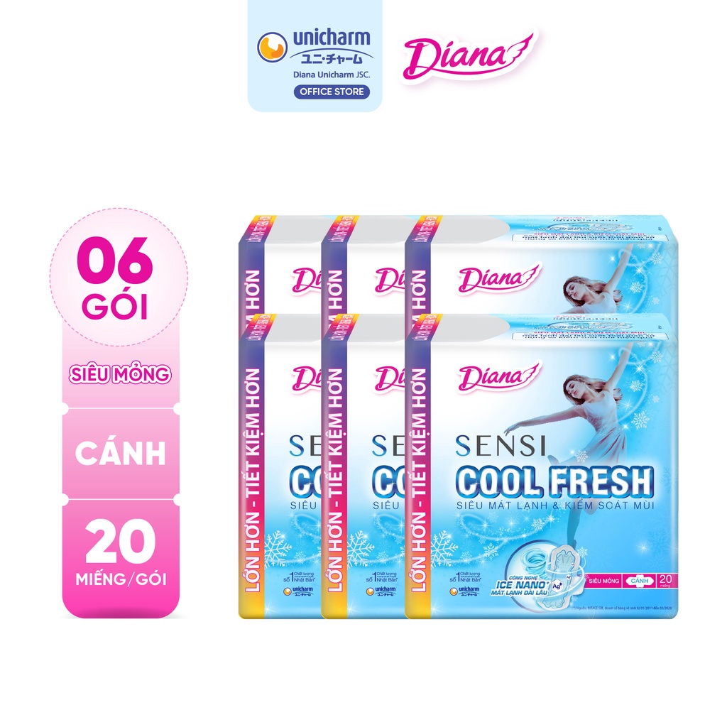 Bộ 6 băng vệ sinh Diana Sensi Cool Fresh siêu mỏng cánh gói 20 miếng