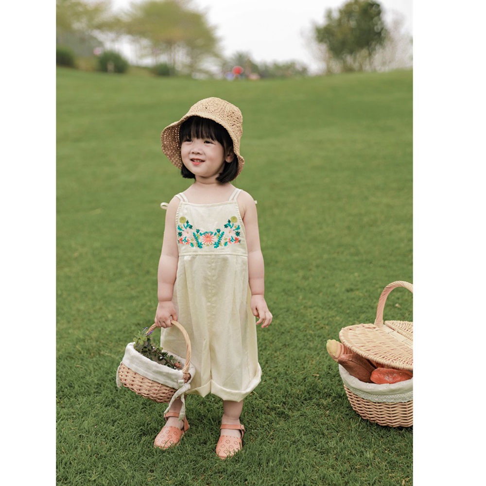 Quần Yếm Cotton Lanh Dáng Rộng Thêu Hoa Phong Cách Nhật Hàn 2022 Thời Trang Cho Bé Gái
