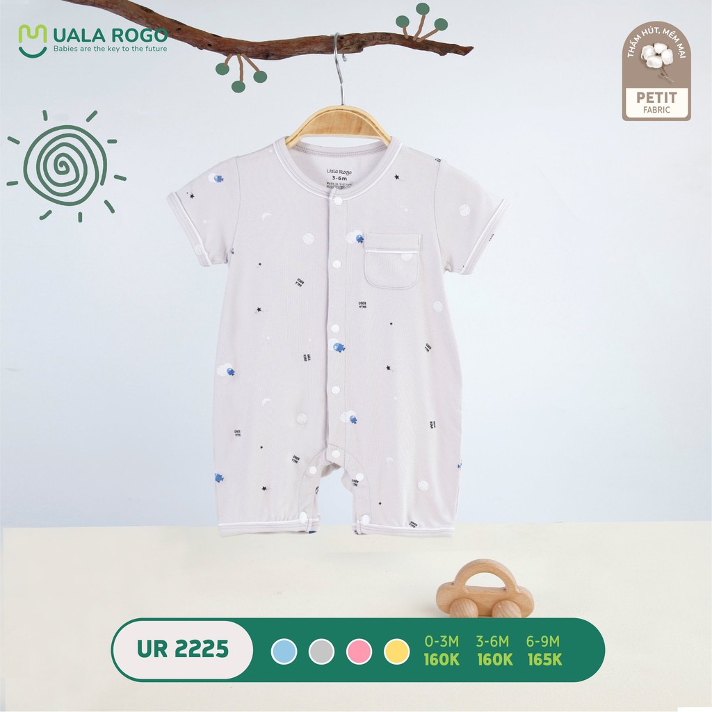 Bodysuit cho bé sơ sinh Uala rogo 0-12 tháng cộc tay vải Petit co giãn gọn gàng cúc giữa dễ thay bỉm UR 2225