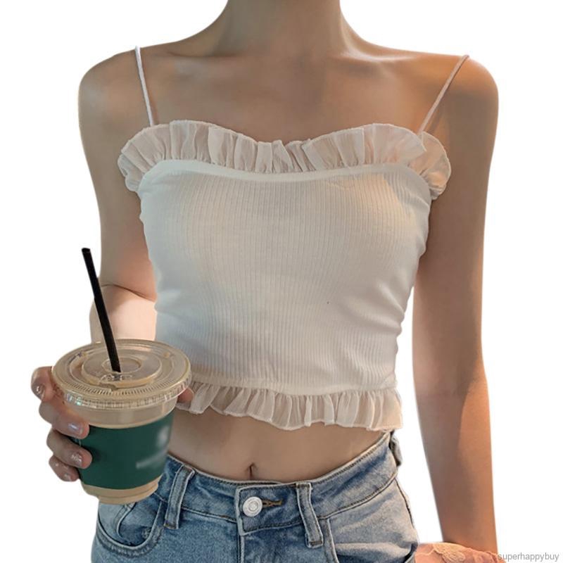 Áo Lửng Hai Dây Nhún Bèo Phong Cách Hàn Quốc Quyến Rũ Dành Cho Nữ