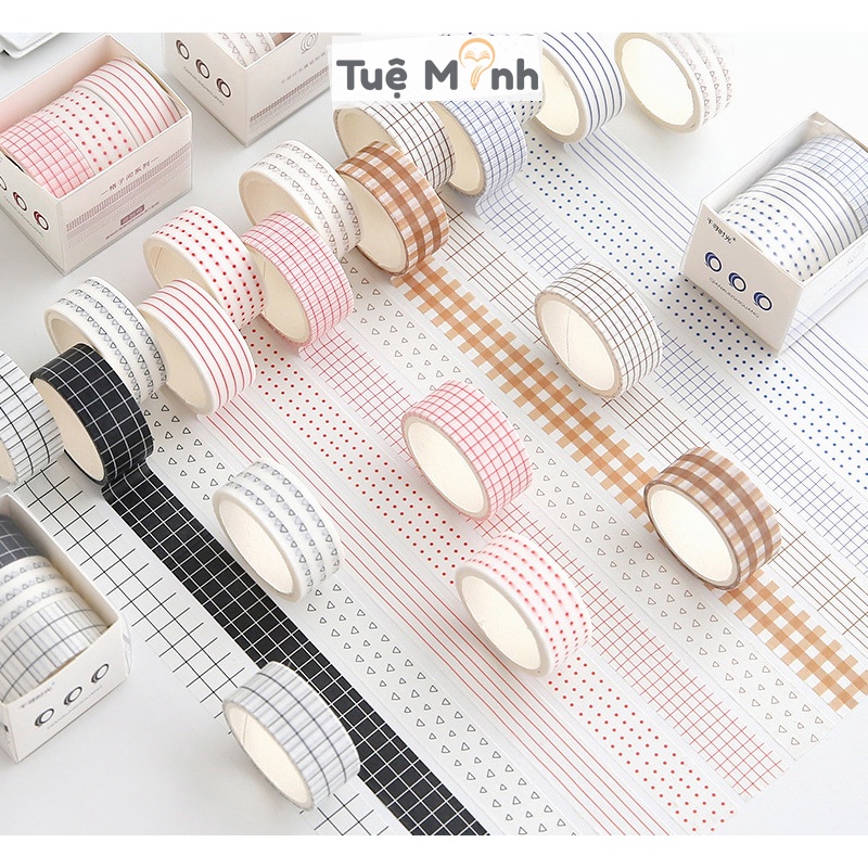 Bộ Washi tape băng dính dài 3m chấm bi/ kẻ Basic trang trí Bullet Journal, điện thoại