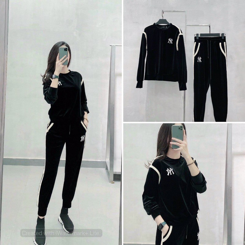 S6311 Set Nhung Thể Thao NY Phối Áo Dài Tay Cổ Tròn Và Quần Tập Bo Gấu Chất Dãn Nhẹ Mặc Thoải Mái