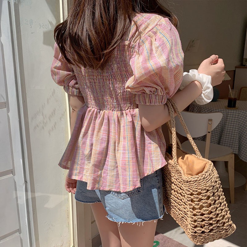 Áo Kiểu Cổ Vuông Họa Tiết Sọc Caro Xinh Xắn Thời Trang Dành Cho Nữ