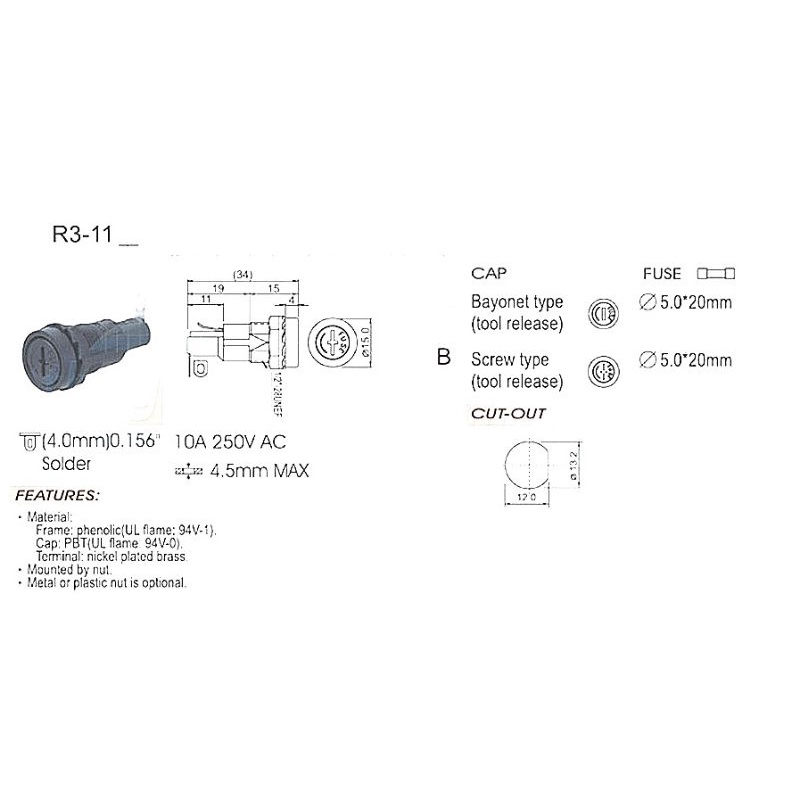 Hộp đựng cầu chì, vỏ gắn cầu chì ống 5x20mm R3-11 loại cao cấp
