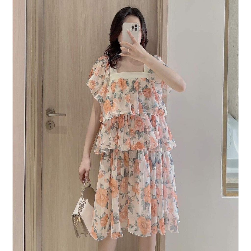 Đầm bầu hai dây thời trang thiết kế MB342 chất voan hai lớp freesize từ 45 đến 70kg
